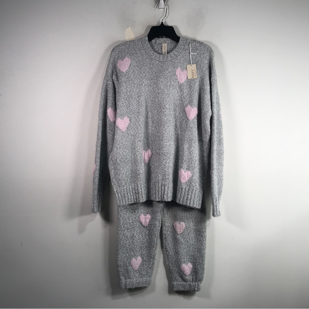 Bare Cozy Heart Print Lounge Set, Women's Size S - Grey/Blush Pink